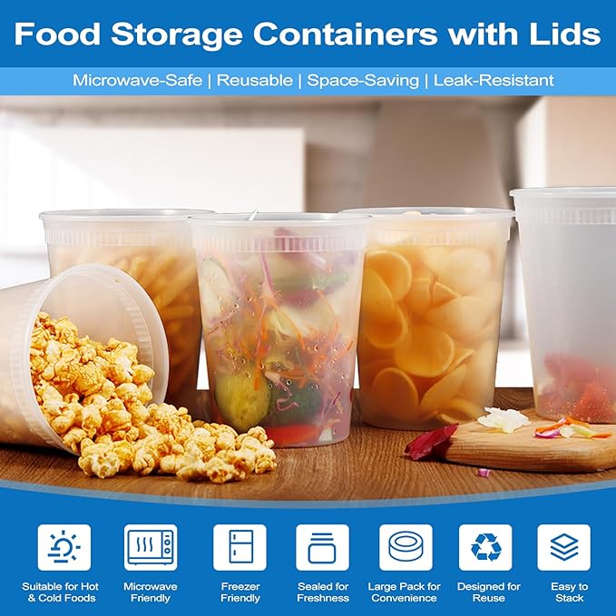 48 Sets Soup Containers with Lids,32 oz Deli Food Storage Containers,Clear Stackable Plastic Deli Container,Heavy-Duty Takeout Container,Leakproof,Microwave Freezer Dishwasher Safe