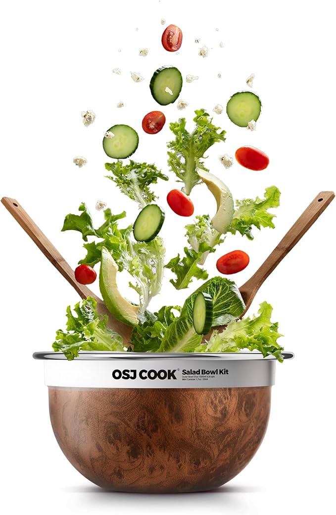 18/8 Stainless Steel Salad Bowl Kit - 51oz, Mixing Bowls with Lids Set, Teakwood - Comes with 1.7oz Condiment Container and Removable Tray for Organization - Leak-Proof, Easy to Clean, Dishwasher Safe