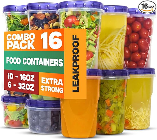 16 Plastic Containers with Screw On Lids - [32 & 16 Oz] - Soup & Salad Food Storage Containers Takeout To Go - Microwave, Freezer & Dishwasher Safe BPA-Free