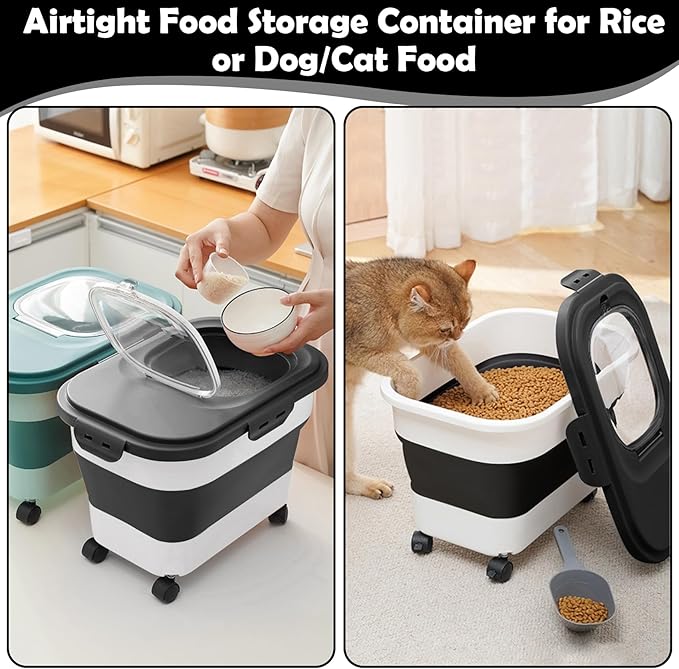 Rice Storage Container, 20Lbs Flour Container, Airtight Large Pet Dog Cat Food Storage Dispenser Bin with Wheels, Scoop & Measuring Cup, Collapsible Kitchen Dry Food Holder for Rice Cereal Kibble