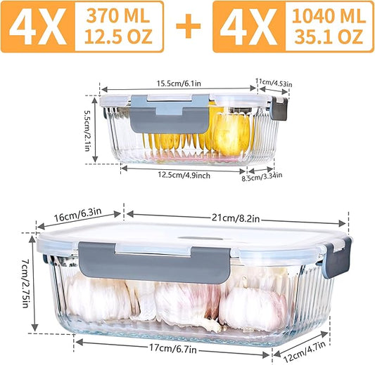 16 Piece Glass Storage Containers With Lids - 12.5+35.1 OZ Black Rectangles for Meal Prep, Microwaveable, Frozen Storage