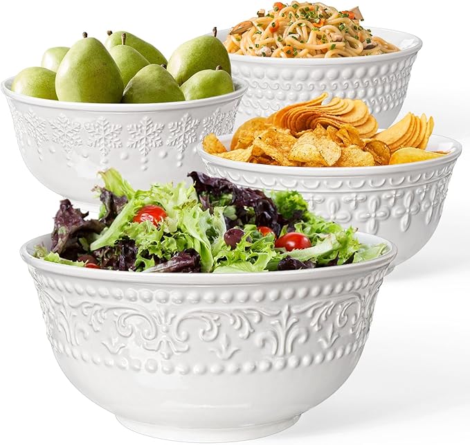 Large Salad Bowls Set of 4, 60oz White Serving Bowls Deep Deep Embossed Ceramic Mixing Bowl for Soup Kitchen, Eating, Ramen, Pasta, Dishwasher & Microwave Safe 8 inch (Multiple Patterns)