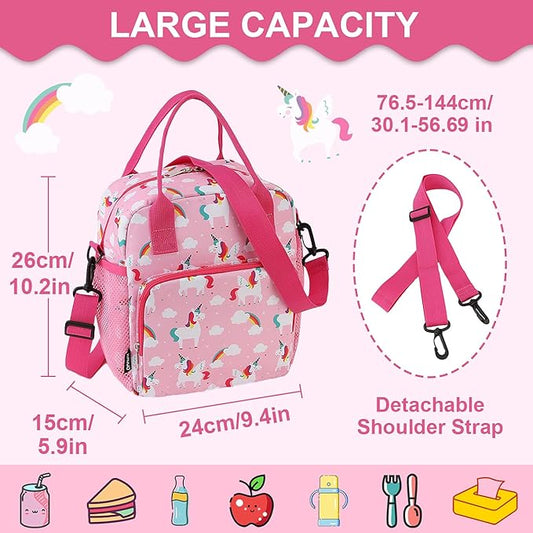 RAVUO Unicorn Lunch Bag for Girl Insulated Cute Girls Lunch Box for Kids Reusable Lunch Tote with Detachable Shoulder Strap Plush