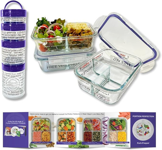 Portion Perfection Portion Control Container - Glass Meal Prep Containers Reusable for Food/Lunchpack 3pk plus 4 Piece Stackable Snack Container | To Go Containers with Lids for Weight Control