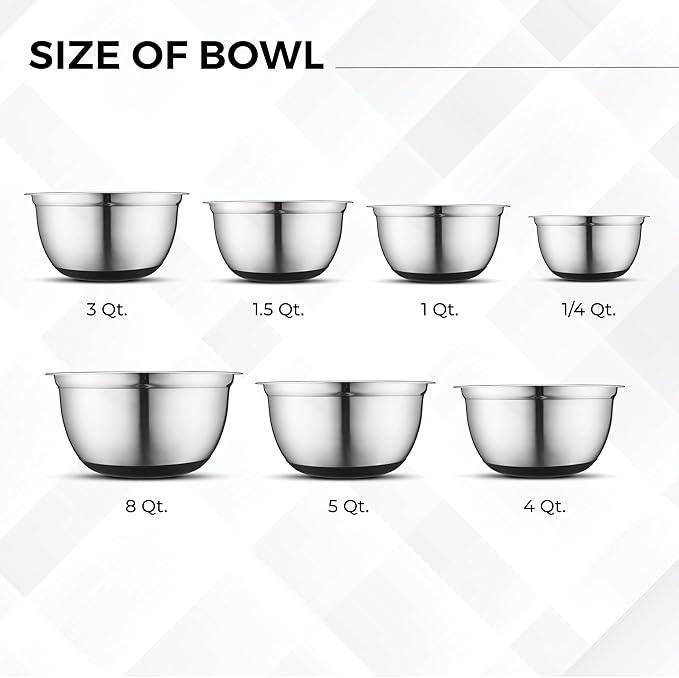 AVADOR Premium Stainless Steel Mixing Bowls, Set of 5 Brushed Stainless Steel Mixing Bowl Set, Easy To Clean, Space Saving, Great for Cooking, Baking, Prepping (7 pc Anti Slip Mixing Bowl + Whisk)