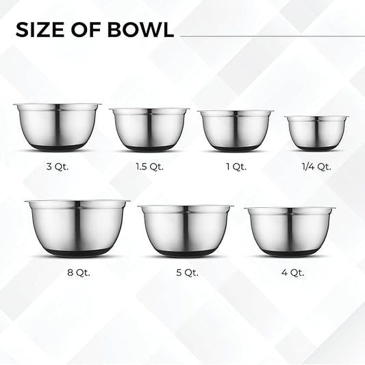 AVADOR Premium Stainless Steel Mixing Bowls, Set of 5 Brushed Stainless Steel Mixing Bowl Set, Easy To Clean, Space Saving, Great for Cooking, Baking, Prepping (7 pc Anti Slip Mixing Bowl + Whisk)