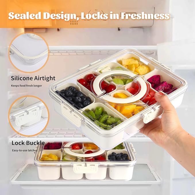 Divided Snackle Box Container - 8 Compartments serving tray with Lid and Handle - Reusable Refrigerator Snack Fruit Veggie Tray - Airtight Kitchen Food Storage Organizer Travel Nuts Candies