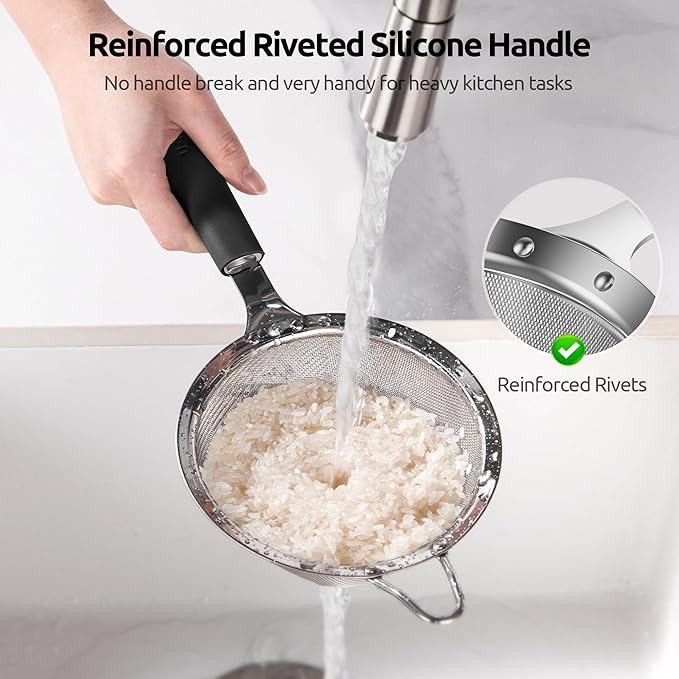 18/8 Stainless Steel Measuring Spoons Set for Dry and Liquid Ingredients (Set of 6), and 4.73in Medium Fine Mesh Strainer with Sturdy Riveted Silicone Handle and Strong Frame (Black)