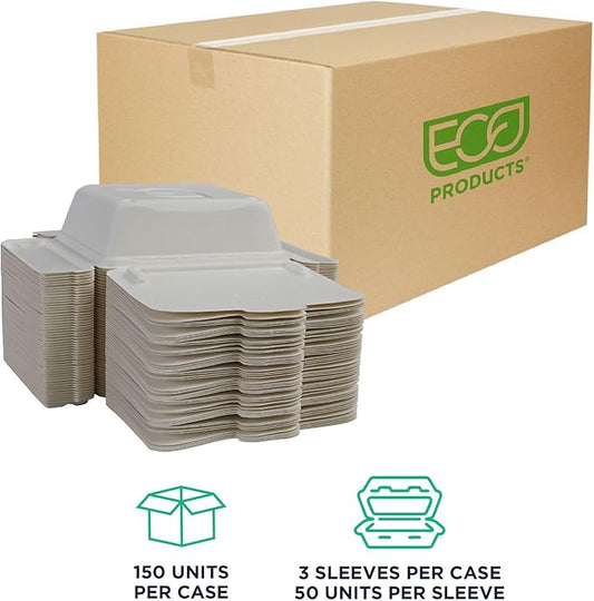 ECO PRODUCTS Compostable 58oz One-Piece To Go Containers, Case of 150, 8.25"x7.5"x2.5" Vanguard Folia Innovative Container, Disposable Renewable White Molded Fiber, No PFAS, ASTM, BPI-Certified