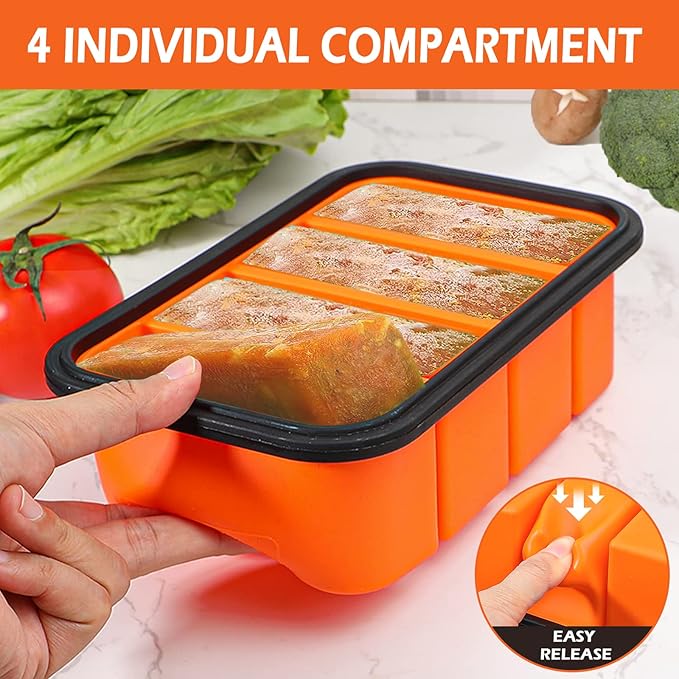 Webake Silicone Freezer Tray with Lid, Food Storage Container 1 Cup Portion, Ice Cube Tray for Soup Sauce Meal Prep, BPA Free - Orange