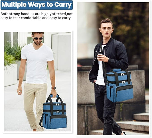 Insulated Lunch Bag & Lunch Box for Men - Double Deck Reusable Lunch Bag for Women Tote Cooler Bag Leakproof Soft Expandable - Extra Large Lunchbox for Work/Adult/Picnic/Outdoor (Blue，22L)