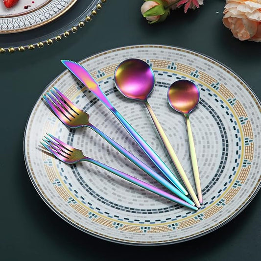 Matte Rainbow Flatware Set 20 Pieces, Stainless Steel Colorful Silverware Set, Titanium Plating Matte Rainbow Cutlery Set, Matte Rainbow Utensil Sets, Service Set for 4 (Matte Rainbow)