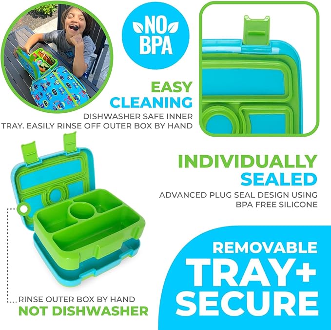 kinsho Bento Lunch Box for Kids Toddlers Boys, 4 Portion Sections Secure, BPA Free Removable Tray, Pre-School Kid Daycare Lunches Snack Container, Green Robot Ages 3 to 5