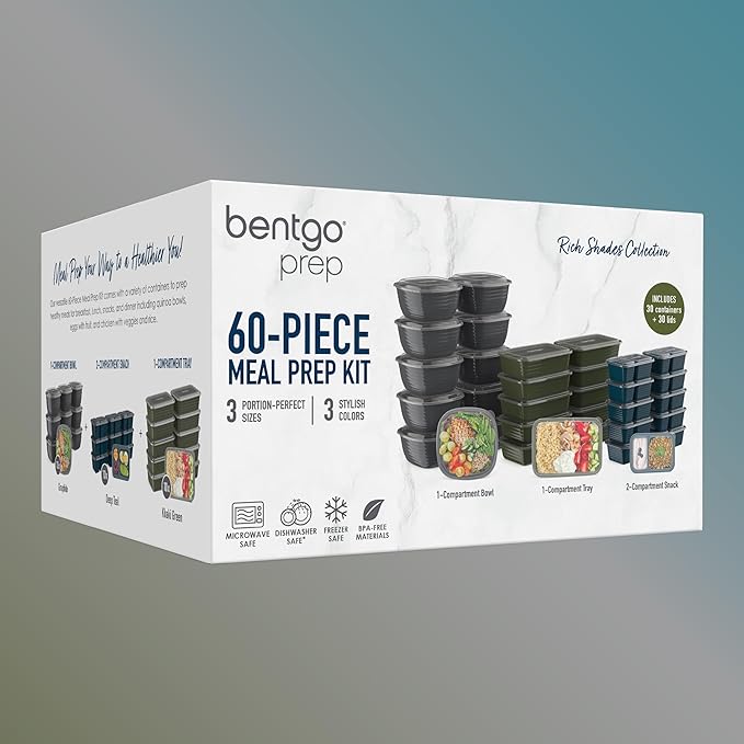 Bentgo Prep 60-Piece Variety Meal Prep Kit - Reusable Food Containers 1-Compartment Trays, Prep Bowls, & Snack Boxes for Healthy Eating - Microwave, Freezer, & Dishwasher Safe (Rich Shades)