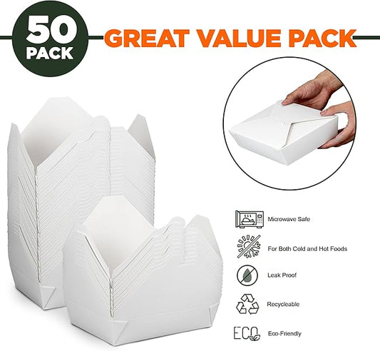Fit Meal Prep 50 Pack 54 oz Paper Take Out Containers 8.5 x 6 x 2 - White Lunch Meal Food Boxes #2, Disposable Storage To Go Packaging, Microwave Safe, Leak Grease Resistant for Restaurant, Catering
