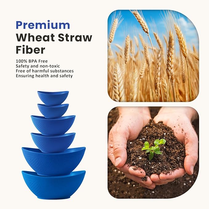 Homienly Wheat Straw Mixing Bowl Set, Wheat Straw Mixing Bowls 6 PCS, Nesting Bowls with Textured Pattern, Unbreakable Bowls Set Include 3 Size, Dishwasher and Microwave Safe Bowls for Kitchen(Blue)