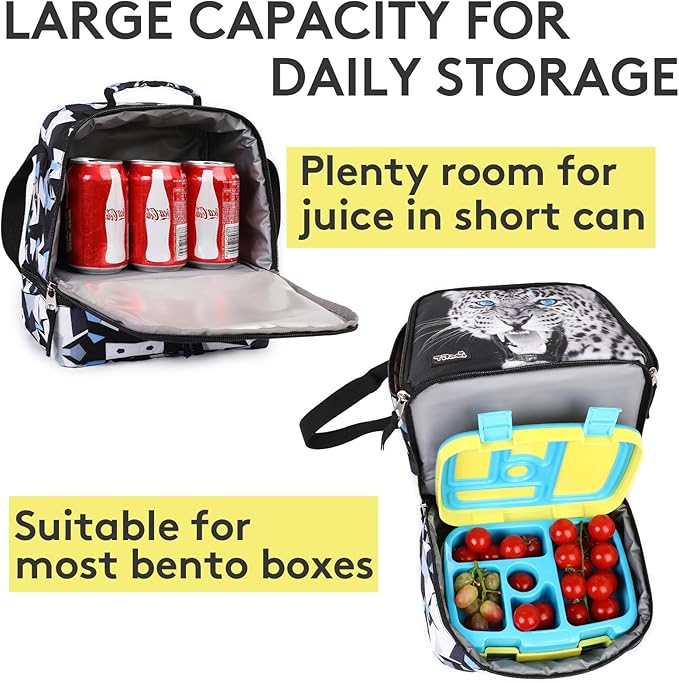 Tilami Lunch Bags Insulated Adjustable Strap Zipper, Water-Resistant Cooler Bags, Bento Bags for Kids Toddlers, Leopard Black