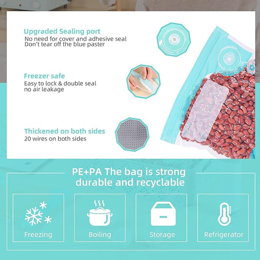 Sous Vide Bags & Electric Mini Vacuum Sealer Machine Kit, 1pc*Portable Vacuum Pump with 15 Pcs (S M L each size 5pcs) Reusable Vacuum Sealer Bags, 4 Sealing Clip for Food Storage Sous Vide Cooking