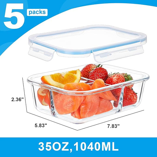 BAYZZ 5 Pack 35 Oz Glass Meal Prep Containers 3 Compartments, Glass Food Storage Containers with Lids, Airtight Bento Box Lunch Container-Microwave, Freezer & Dishwasher Safe, Blue