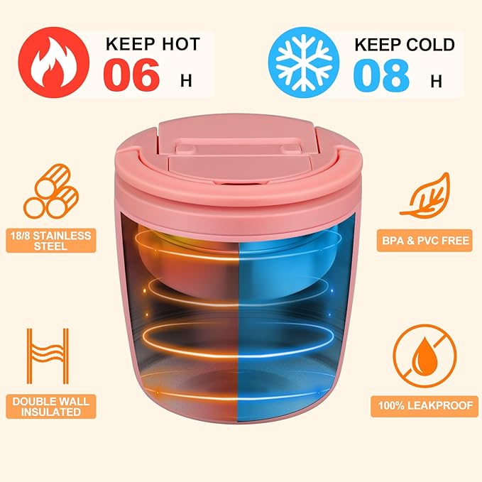 MAXSO Lunch Container 40 oz for Adults Stainless Steel Vacuum Insulated Food Jar, Soup Thermo for Hot Food Thermal Bento Box, Wide Mouth Leakproof Buckle Lid with Spoon - Pink