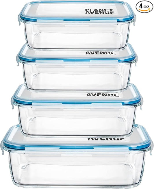 PLANET AVENUE 4-Pc Glass Food Storage Containers Set with Plastic Lids, Airtight, Meal Prep Containers with Leak-Proof Locking Lids, Safe for Microwave, Own Freezer, and Dishwasher, BPA-Free