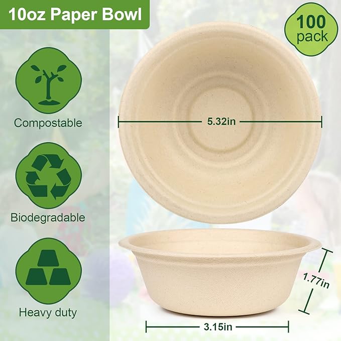 Paper Bowls 10 oz, 100 Pack Small Disposable Bowls, Heavy Duty Bowls For Hot Soup, Ice Cream, Fruits, Snack, 100% Compostable Biodegradable Bowls Made Of Sugarcane
