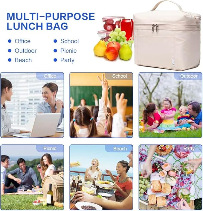 NOL Natural Organic Lifestyle Insulated Lunch Bags for Women Cooler Bag Lightweight Nylon Waterproof Lunch Box For Work（Medium, Cream