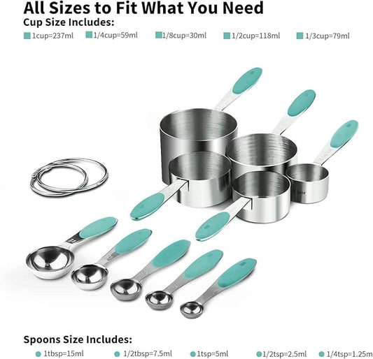 U-Taste 18/8 Stainless Steel Measuring Cups and Spoons (Set of 10, Aqua Sky), and 600ºF Heat Resistant Silicone Turners, 13.6in Long Solid & Slotted Kitchen Spatula (Aqua Sky)