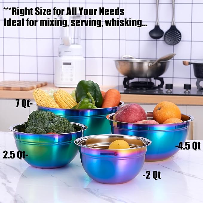 Rainbow Mixing Bowls,Stainless Steel Bowl, Salad Bowls 4 Piece Colorful Nesting Bowl Rainbow Kitchen Accessories,Deep bowls,large mixing bowls 1.5,2.1,3.6,7QT
