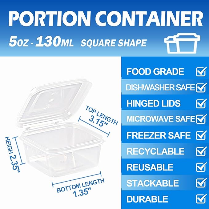 5 oz Small Plastic Containers with Lids (100pack), Food Storage Condiment Containers with Lids, Portion Cups, Jello Shot Sauce Cups (Square)