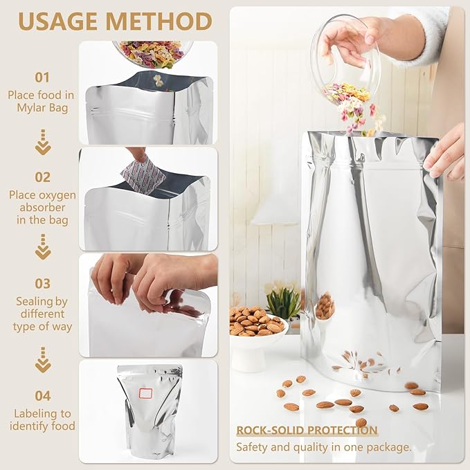 100 Pack 7 x 10 Inch Mylar Bags for Food Storage with Oxygen Absorbers 300CC(110Pcs) and Labels(120Pcs), 1 Quart Stand Up Resealable Mylar Bags(5mil Thickness)