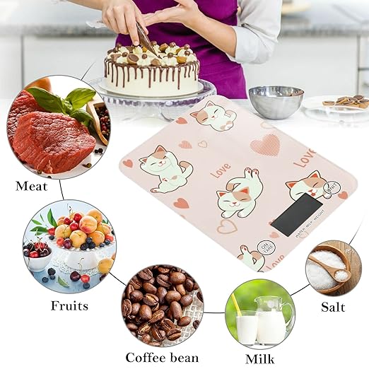 Food Scale Kitchen Digital Scale Food Ounces and Grams Dieting Baking Cooking Waterproof Glass Panels LCD Display,4 Units Scale Tare Function Kawaii Cat