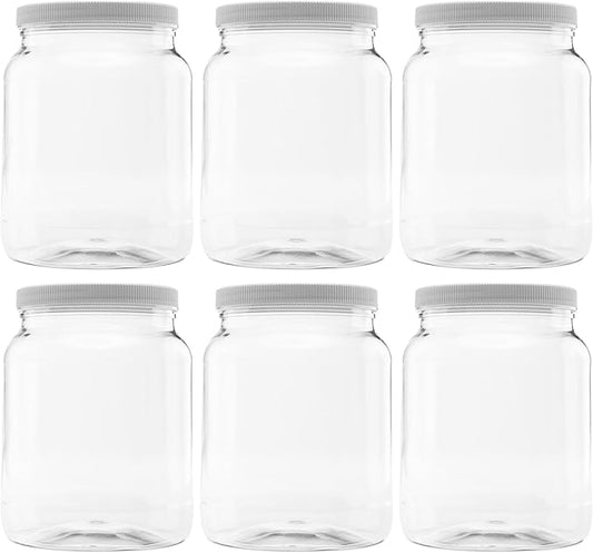 6 Pack of 64 Ounce Plastic Half Gallon Jars with 110/400 Leak Proof Seal Lid - Food Grade and BPA Free (64oz, 6pk)