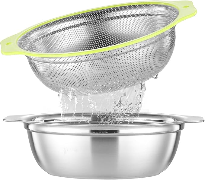 Colander Stainless Steel Microporous, 5QT Large Capacity Rice Washer with Mixing Bowl, 12.5’’Rice Strainer Bowl Set with Handle, Food-Grade Strainers and Colanders for Washing Rice, Pasta