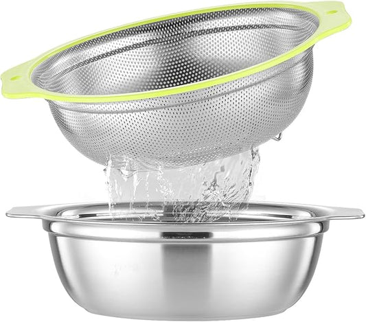 Colander Stainless Steel Microporous, 5QT Large Capacity Rice Washer with Mixing Bowl, 12.5’’Rice Strainer Bowl Set with Handle, Food-Grade Strainers and Colanders for Washing Rice, Pasta