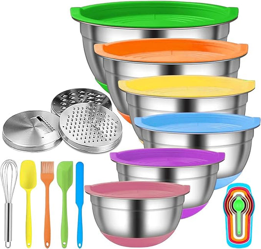 Menbyci 6 Pcs Mixing Bowls with Lids,Stainless Steel Mixing Bowls Utensils with 3 Grater Attachments,Non-Slip Bottoms,Mixing Bowl Set for Kitchen Mixing Baking Prepping Cooking Serving,Colorful
