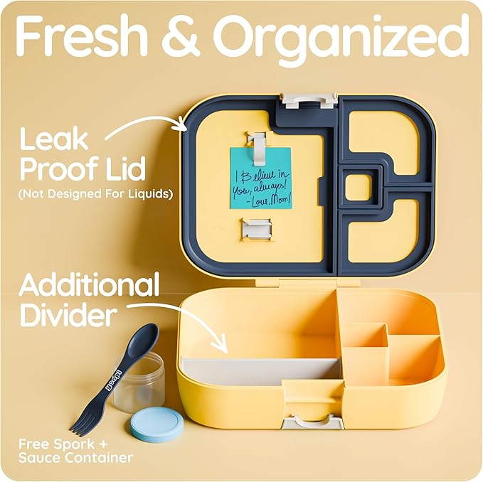Digital bento lunch box for kids offers ideal portion sizes. Leakproof, lightweight and dishwasher-safe, this durable bento box for kids & toddler is also BPA-free, available in Sunny Yellow