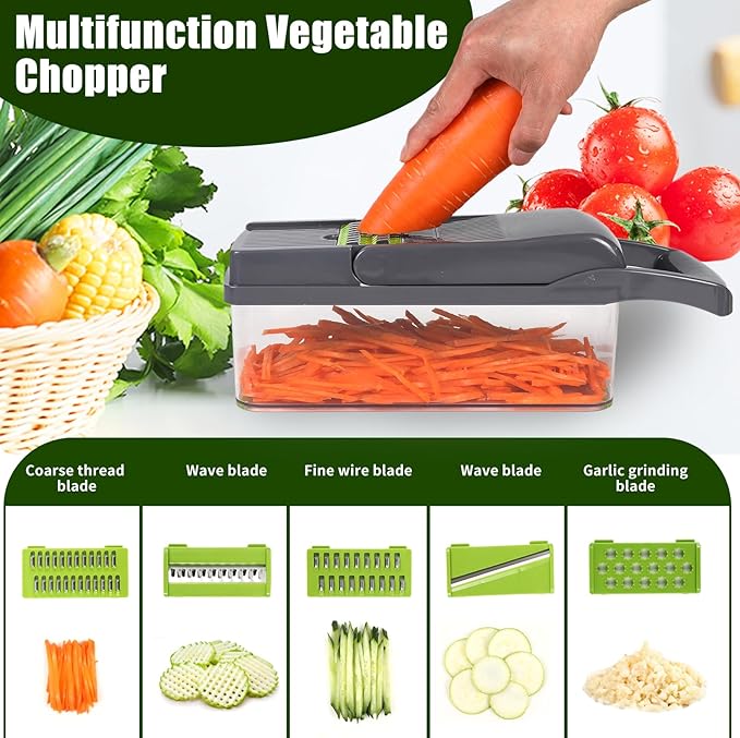 Multifunctional vegetable cutter 23 in 1 vegetable slicer, cucumber slicer, potatoes, tomatoes, zucchini, garlic, eggs, vegetable cutter with container and lid, salad cutter, dicing machine, shredder