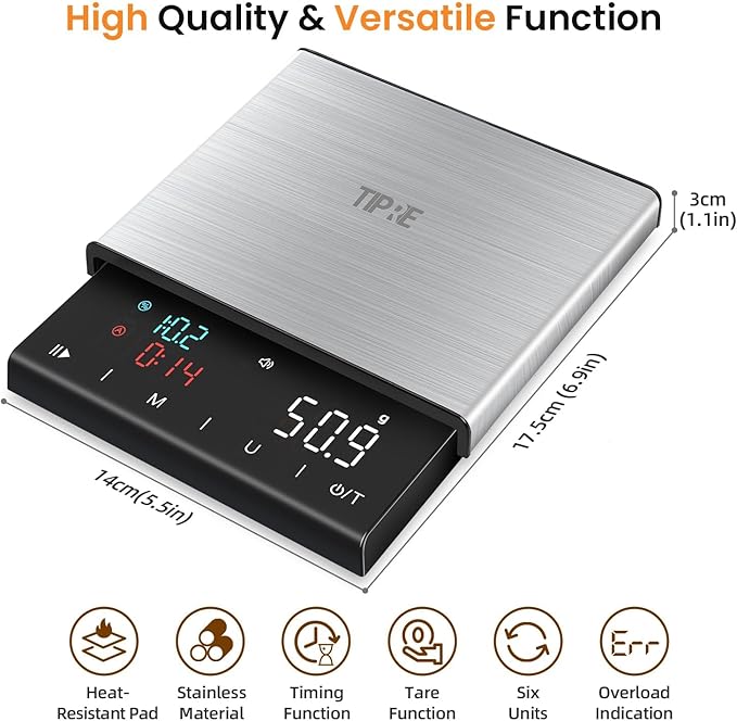 Coffee Scale with Timer, 0.1g High Precision Espresso Scale, Pour Over Coffee Weight Scale Rechargeable Coffee Scale for Espresso with Color LED Display, Touch Sensor, Silicone Cover-3kg/6.6lb