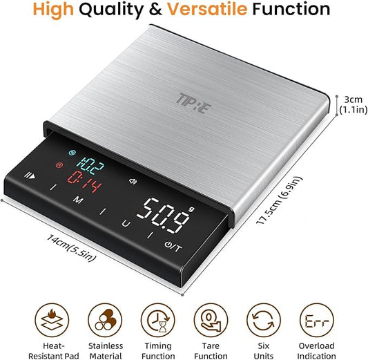 Coffee Scale with Timer, 0.1g High Precision Espresso Scale, Pour Over Coffee Weight Scale Rechargeable Coffee Scale for Espresso with Color LED Display, Touch Sensor, Silicone Cover-3kg/6.6lb