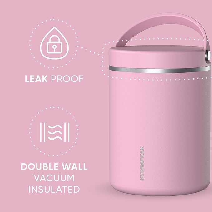 Hydrapeak 32oz Stainless Steel Vacuum Insulated Thermos Food Jar | Thermos for Hot Food and Cold Food, Wide Mouth Leak-Proof Soup Thermos for Adults, 10 Hours Hot and 16 Hours Cold (Cotton Pink)