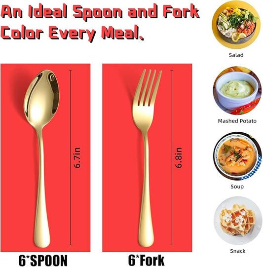 Gold Spoons and Forks Silverware Set, KITWARE 12 Pieces Stylist Colored Stainless Steel Flatware Cutlery Service for 6, Home Kitchen Utensil Sets for Restaurant, hotel, travel, outdoor, BBQ