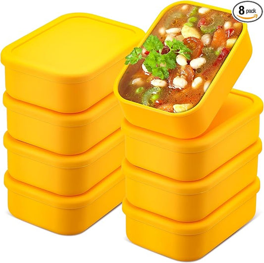 Nuogo 8 Pcs 2 Cup Silicone Freezer Trays with Lid Silicone Soup Freezer Molds Rectangle Soup Containers Reusable Food Preserving Tray Freezing Ice Trays for Soups Sauces Stews(Yellow)