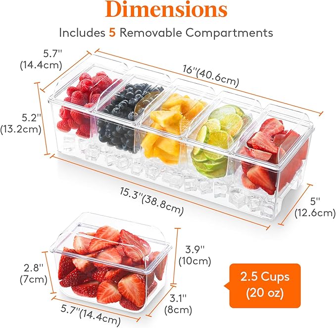 Lifewit 3 Pack Ice Chilled Condiment Caddy with 5 Containers(2.5 cup), Condiment Server with Separate Lids, Serving Tray Platter for Bar Accessories, Fruit, Salad, Taco, Party Garnish