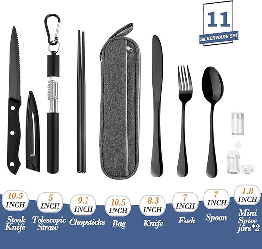 Hommaly Portable Travel Reusable Utensils Silverware with Case,Travel Camping Cutlery set,Chopsticks and Straw Flatware, Stainless steel Utensil set (Black) U