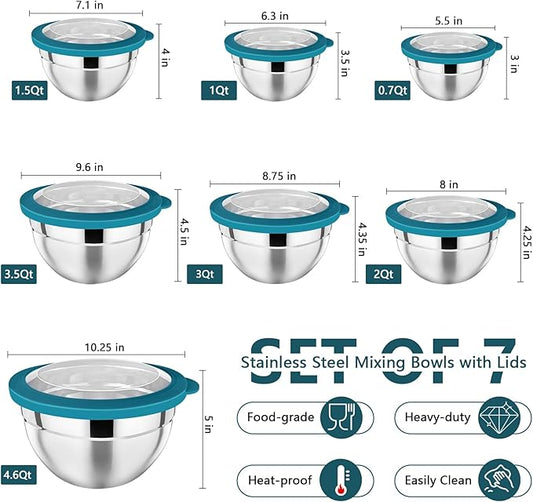 P&P CHEF Mixing Bowl with Lid Set, Stainless Steel Nesting Salad Bowls for Cooking Serving Prepping, Clear Lids & Stackable Design, Size 4.6, 3.5, 3, 2, 1.5, 1, 0.7 Qt - Blue, Set of 7