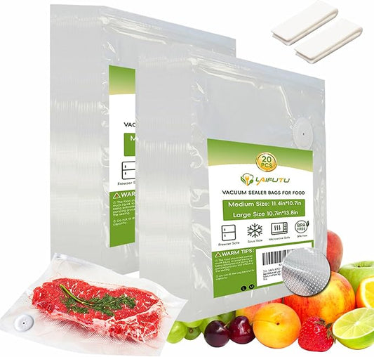 20 PCS Vacuum Sealer Bags for Food, Freezer Bags Medium and Large,with 2 Closure Clips, Vacuum Storage Bags for Most Vacuum Sealers, Food Saver Bags, Vacuum Bags for Vegetables, Fruits, Meat