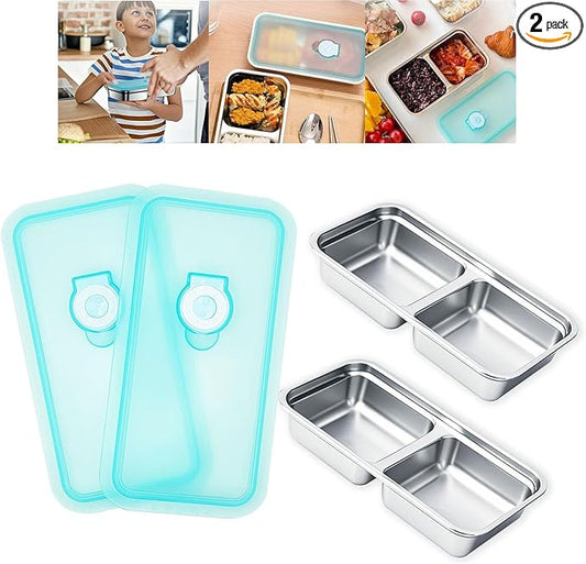 2pcs Grab and Go Snack Containers Stainless Steel, Reusable Snack Condiment Containers with Lids, Double Compartment Food Lunch Meal Container Prep for Travel, Small Packs Container