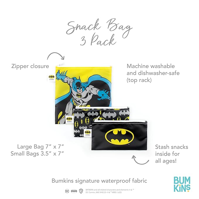 Bumkins Reusable Sandwich and Snack Bags, for Kids School Lunch and for Adults Portion, Washable Fabric, Waterproof Cloth Zip Bag, Travel Pouch, Food-Safe, 3-pk Batman DC Comics