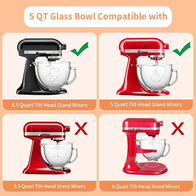 5QT Glass Bowl Compatible with KitchenAid 4.5 and 5-Quart Tilt Stand Mixers,Glass Mixing Bowl with Lid, Measurement Markers and Handle, Dishwasher Safe